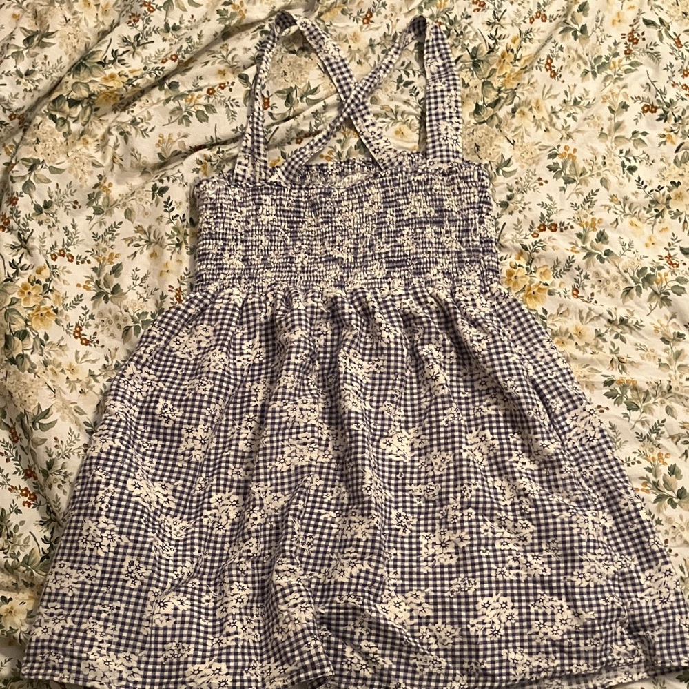 American Eagle Blue and White Gingham Smocked Sundress